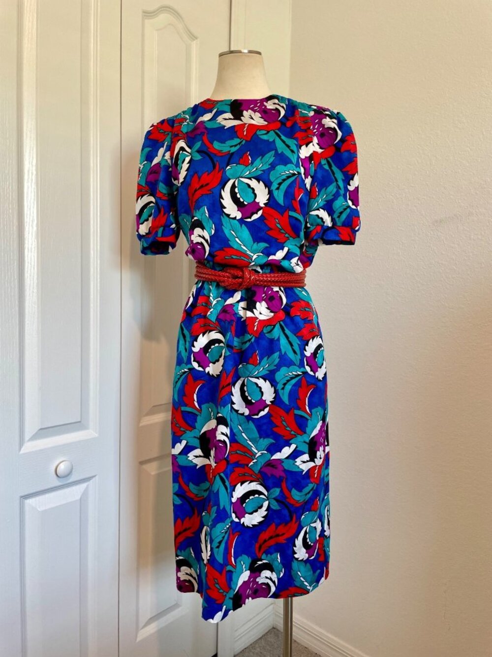 Vintage 1980s Midi Dress Bold Colorful Abstract Floral Print Dress Womens Size 6
